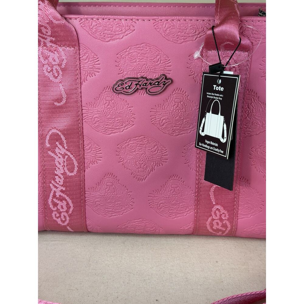 Ed Hardy Pink Vegan Tote Shoulder Bag Handbag Crossbody Embossed Tiger NWT - Picture 2 of 7
